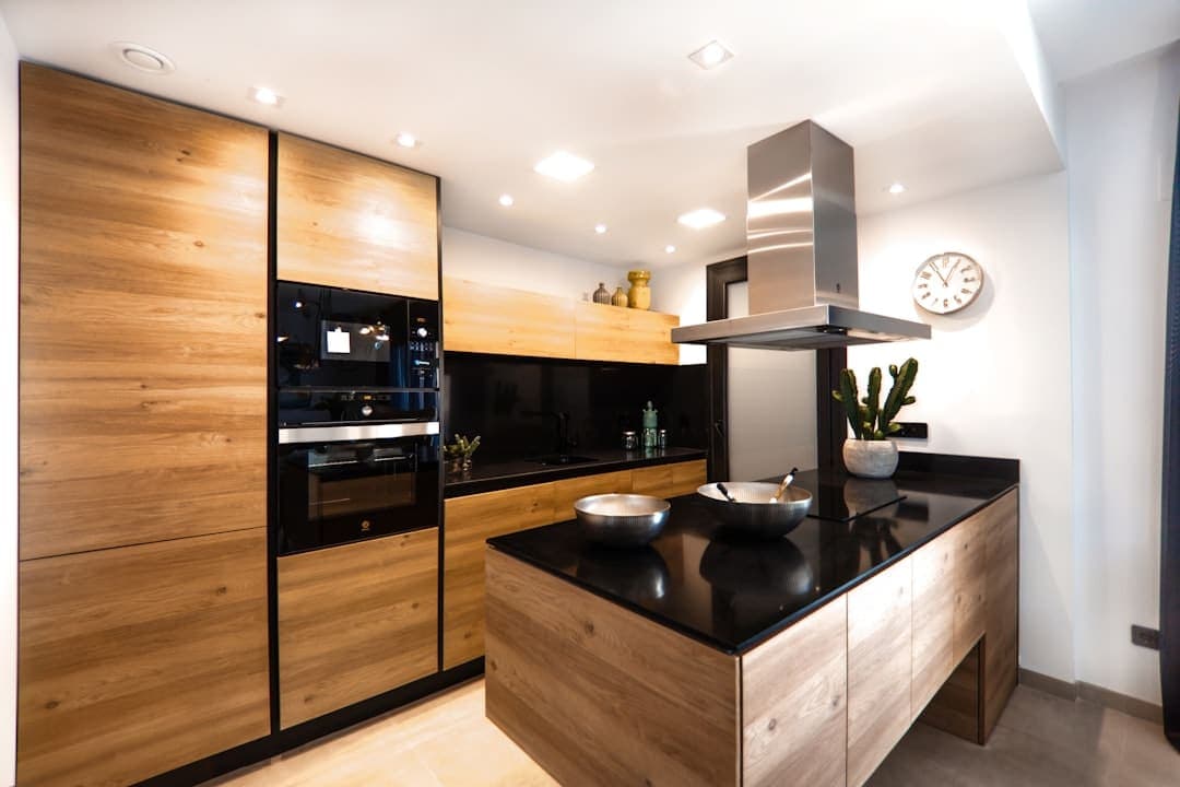Kitchen with wooden cabinets and an island